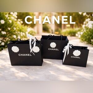 CHANEL Three Empty Shopping Black Bags with White Camellia Authentic 2025
